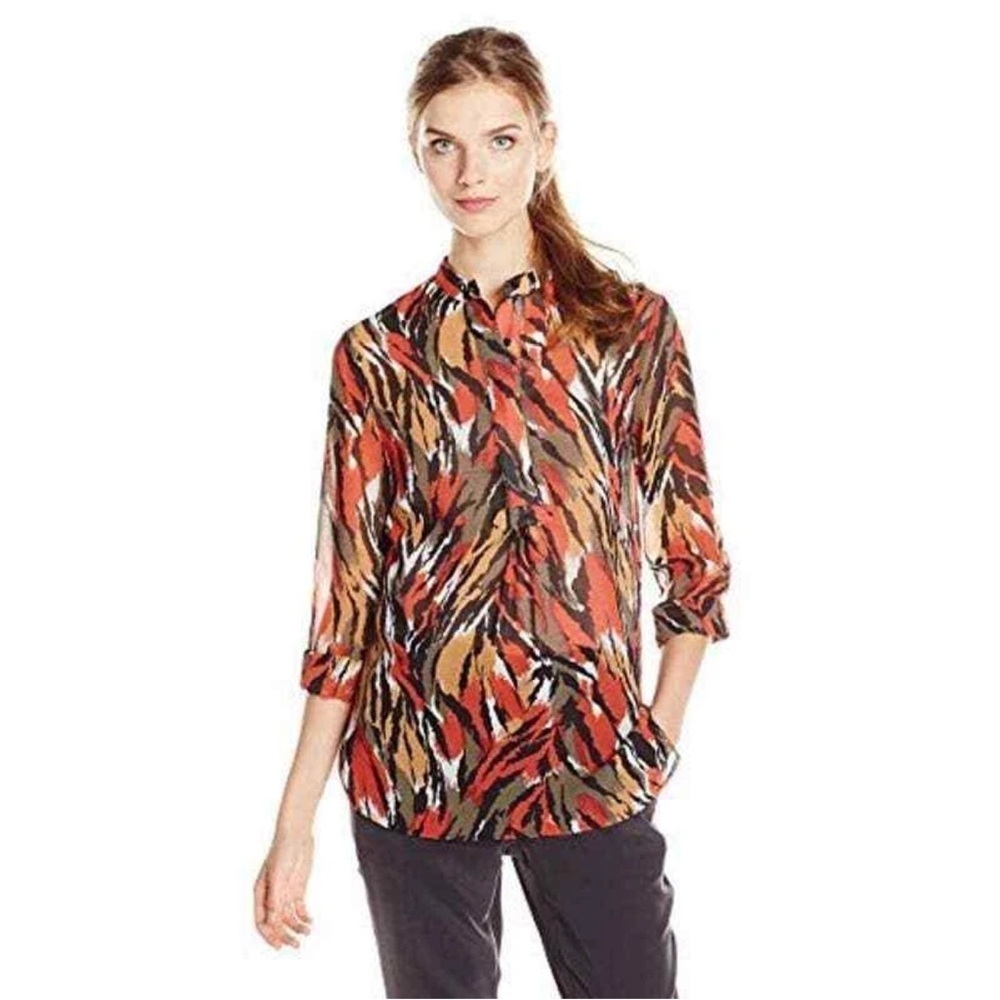 Anne Klein Animal Print Brushstroke Popover Tunic Blouse Size 4 Orange Black